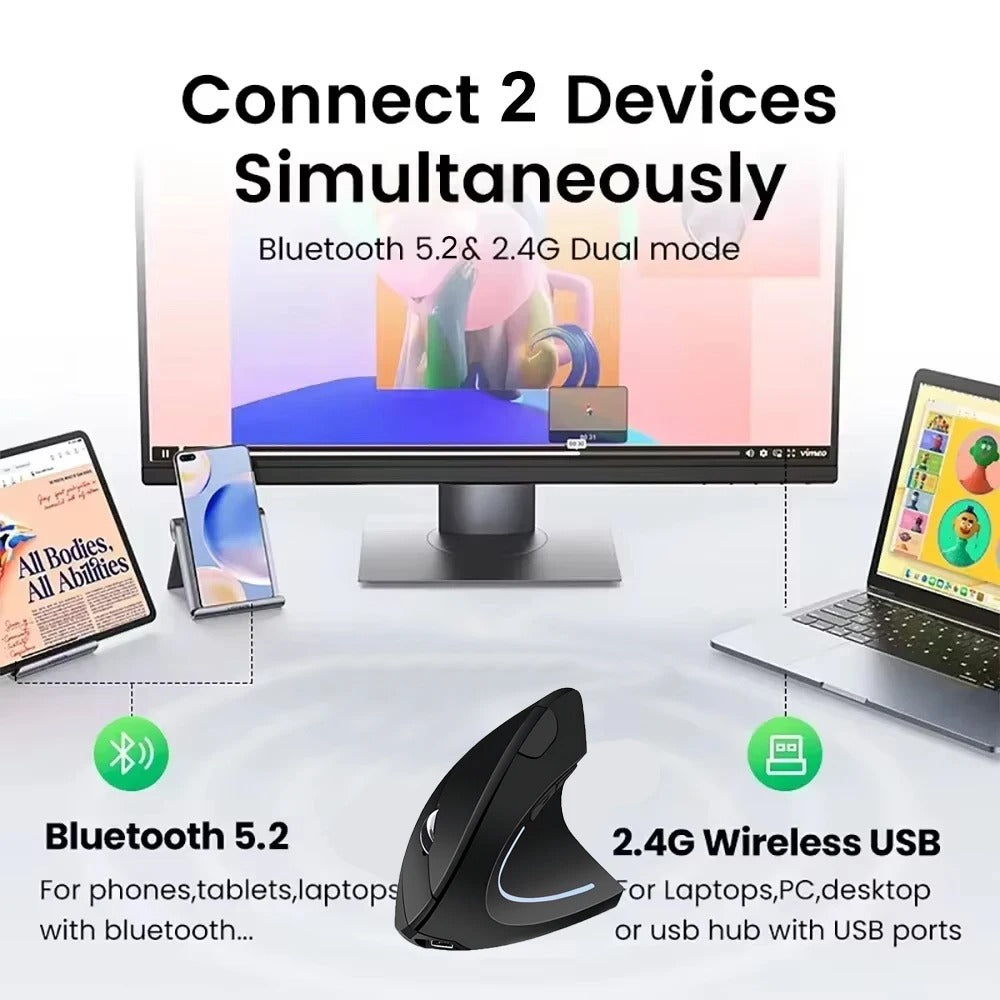 Vertical Mouse Ergonomic 2.4G Wireless & Bluetooth RGB 1600 DPI