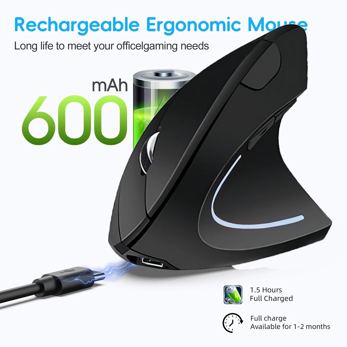 Vertical Mouse Ergonomic 2.4G Wireless & Bluetooth RGB 1600 DPI