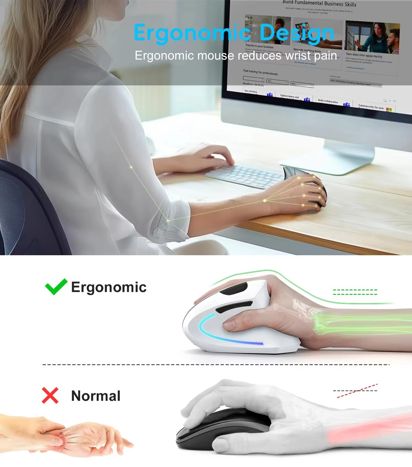 Vertical Mouse Ergonomic 2.4G Wireless & Bluetooth RGB 1600 DPI