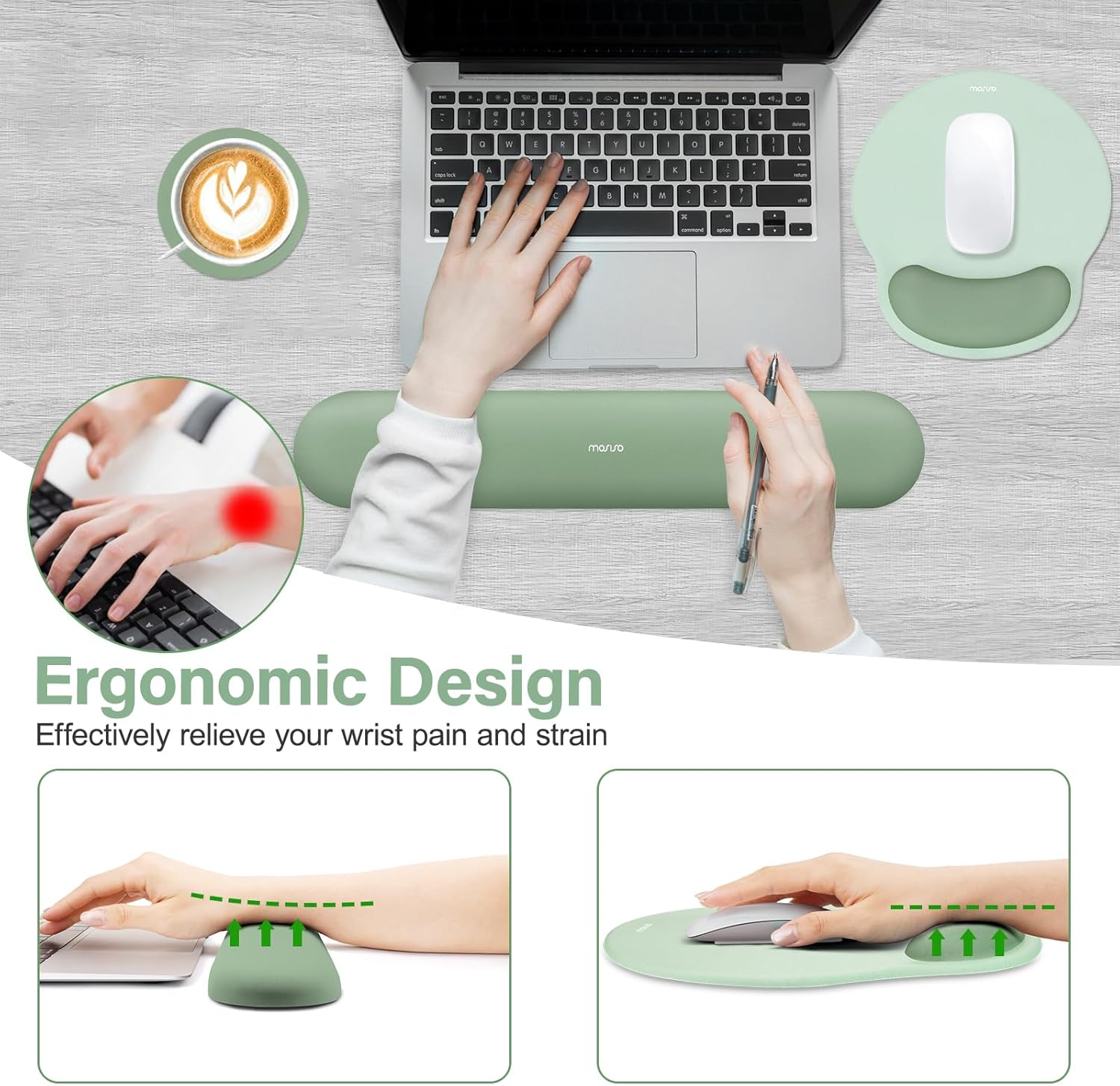 Ergonomic Wrist Rest & Mouse Pad Set - Pain Relief, Non-Slip, Antique Green