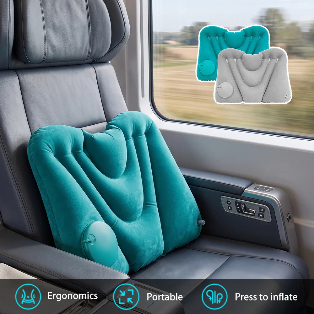 1pc Soft Flocked PVC Press Inflate Back Cushion, Ergonomic Inflatable Waist Support Pillow for Travel Driving Office Napping
