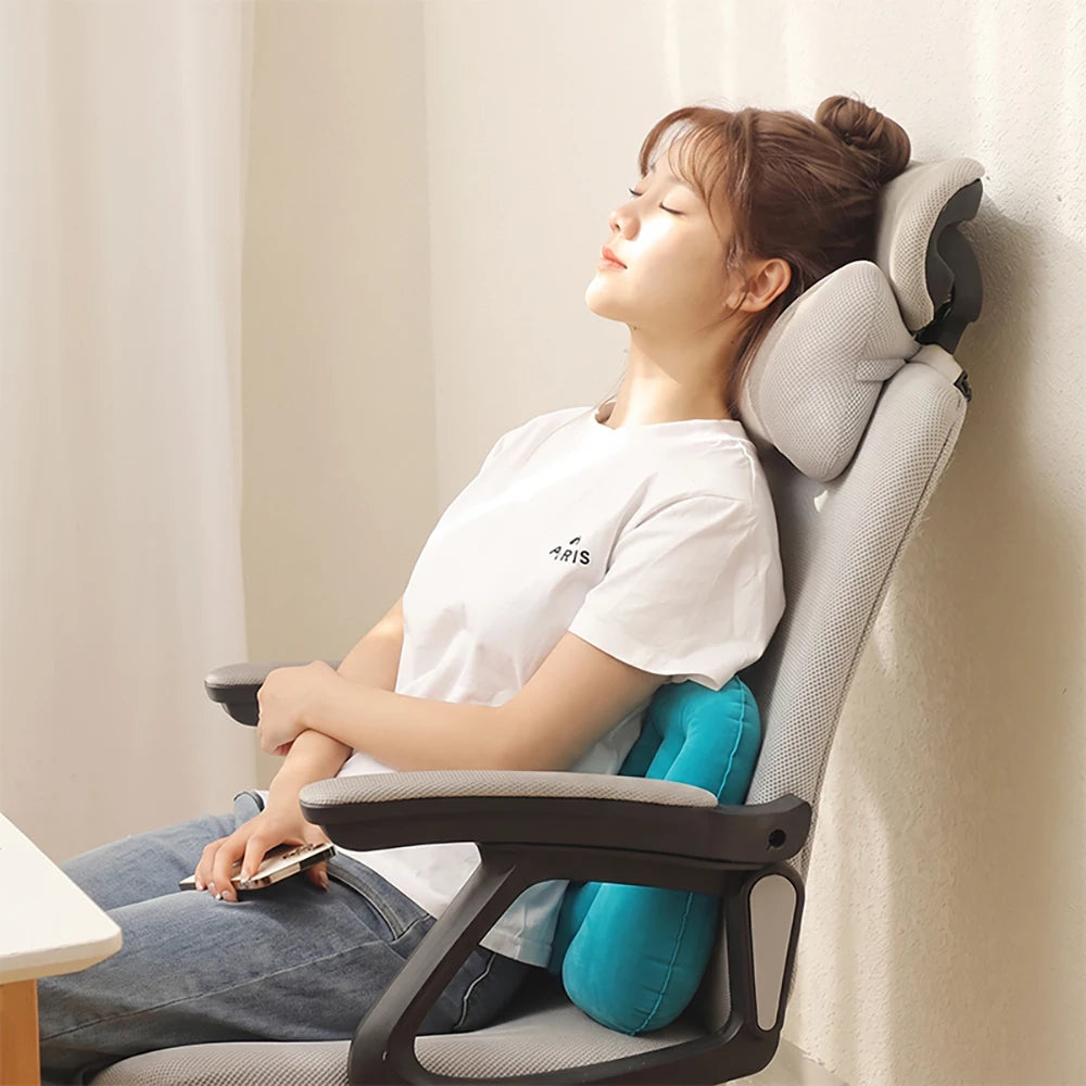 1pc Soft Flocked PVC Press Inflate Back Cushion, Ergonomic Inflatable Waist Support Pillow for Travel Driving Office Napping