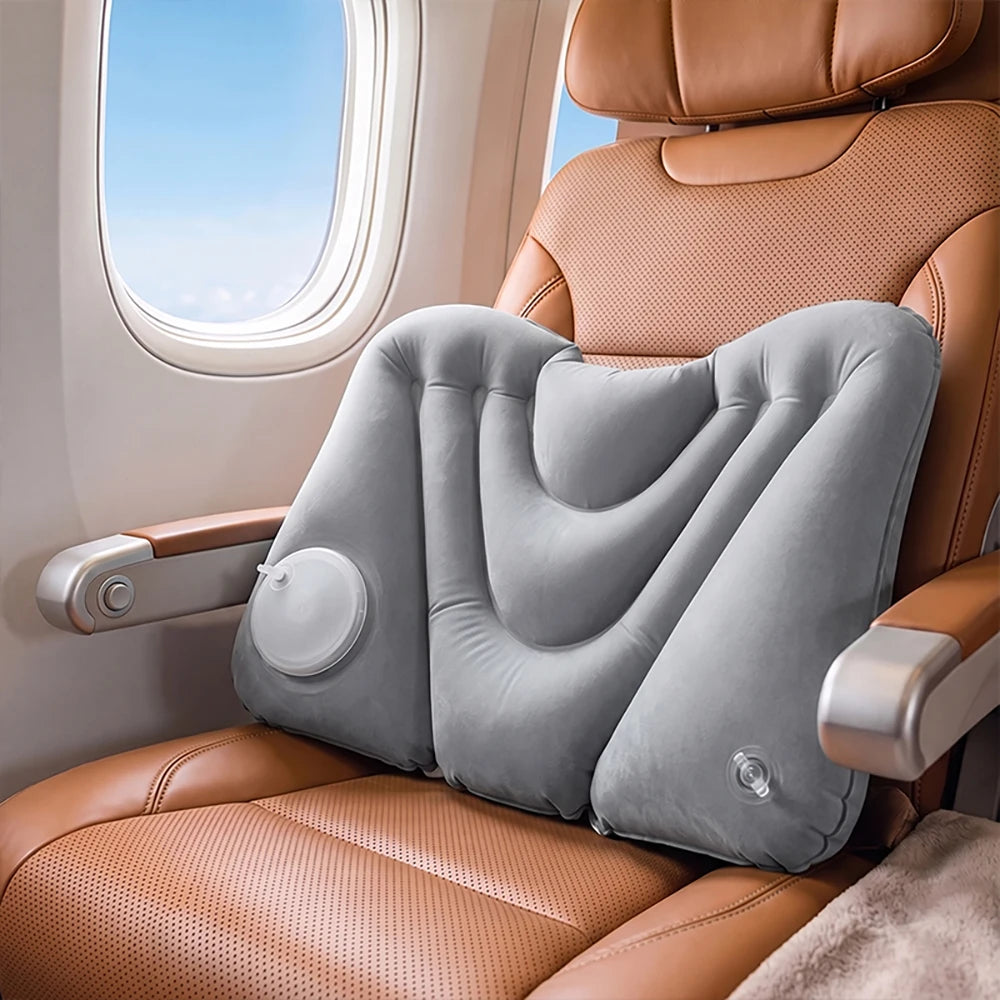 1pc Soft Flocked PVC Press Inflate Back Cushion, Ergonomic Inflatable Waist Support Pillow for Travel Driving Office Napping