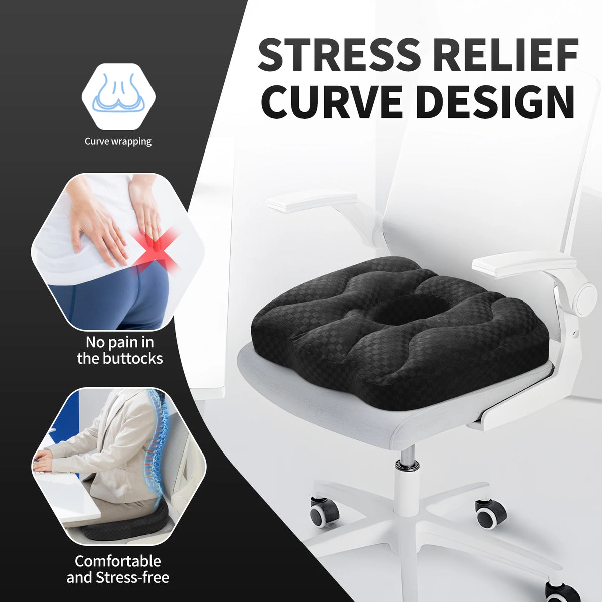 Wave Texture Memory Foam Donut Seat Cushion Ergonomic Coccyx Pillow for Office Car Tailbone Pain Relief