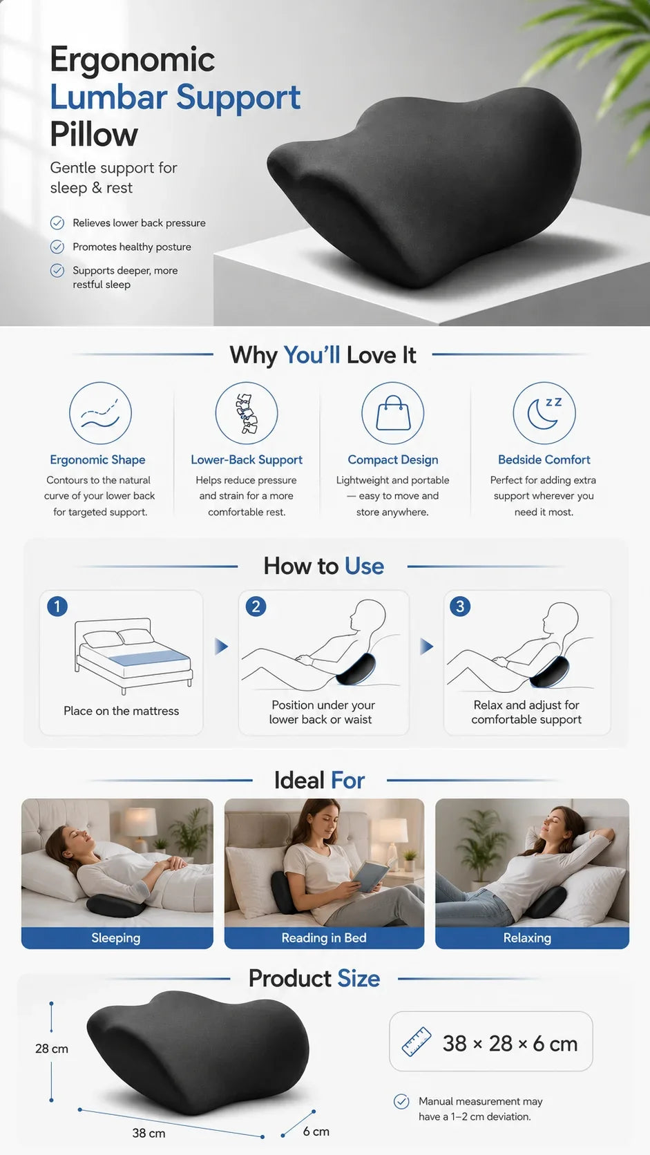 Ergonomic Lumbar Support Pillow, Memory Cotton Sleep Back Pillow, Comfortable Orthopedic Bed Lumbar Protrusion Support