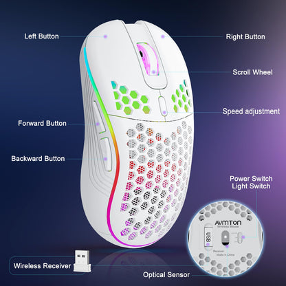 Wireless RGB Gaming Mouse - Ergonomic, Rechargeable, 6-Button