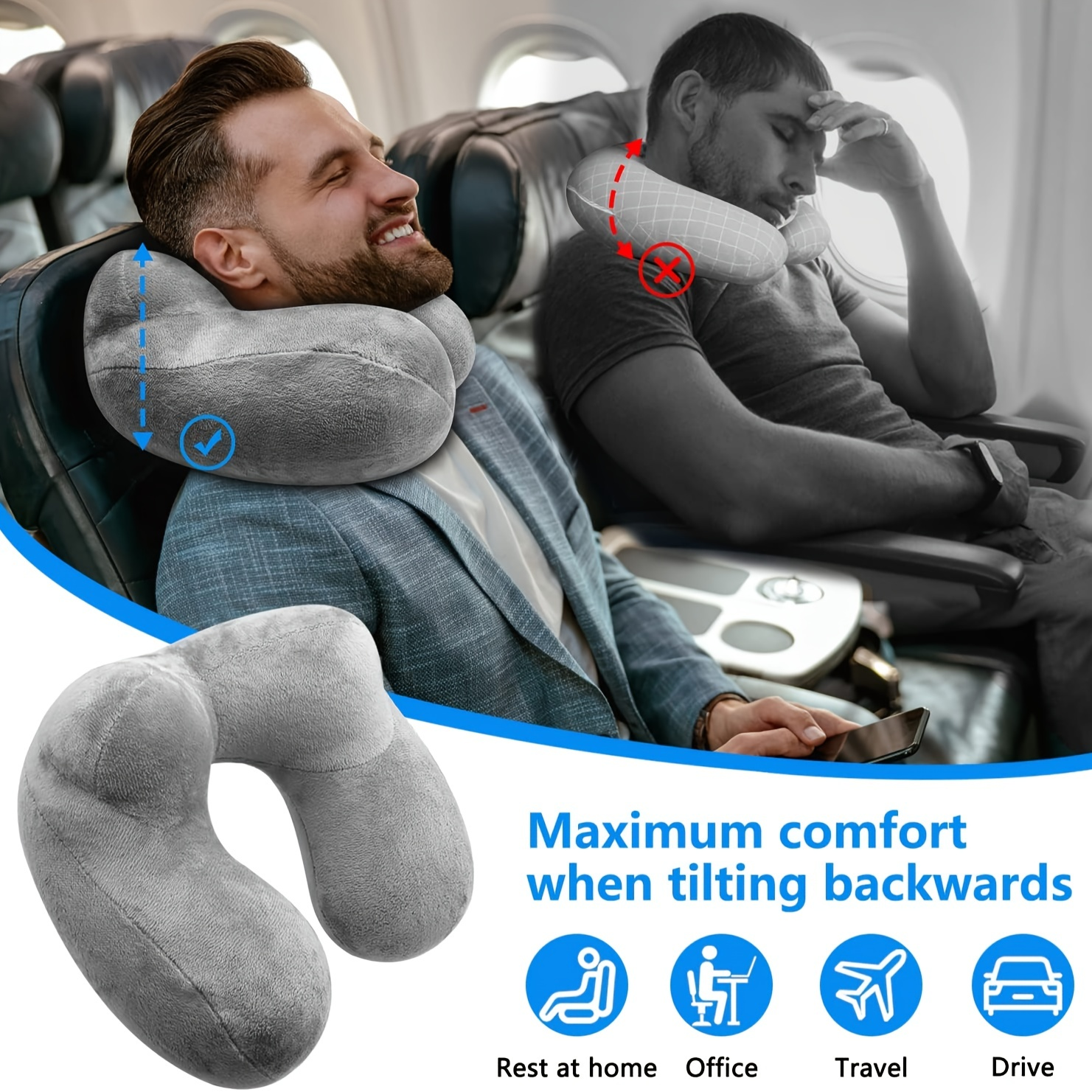 Travel Neck Pillow Inflatable: Velvet Cover, Neck Support, Portable