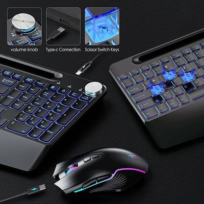 Ergonomic 2.4G Wireless Rechargeable Keyboard Mouse Set for Laptop With Color Backlit Phone Holder Wrist Rest and Jiggler Mouse
