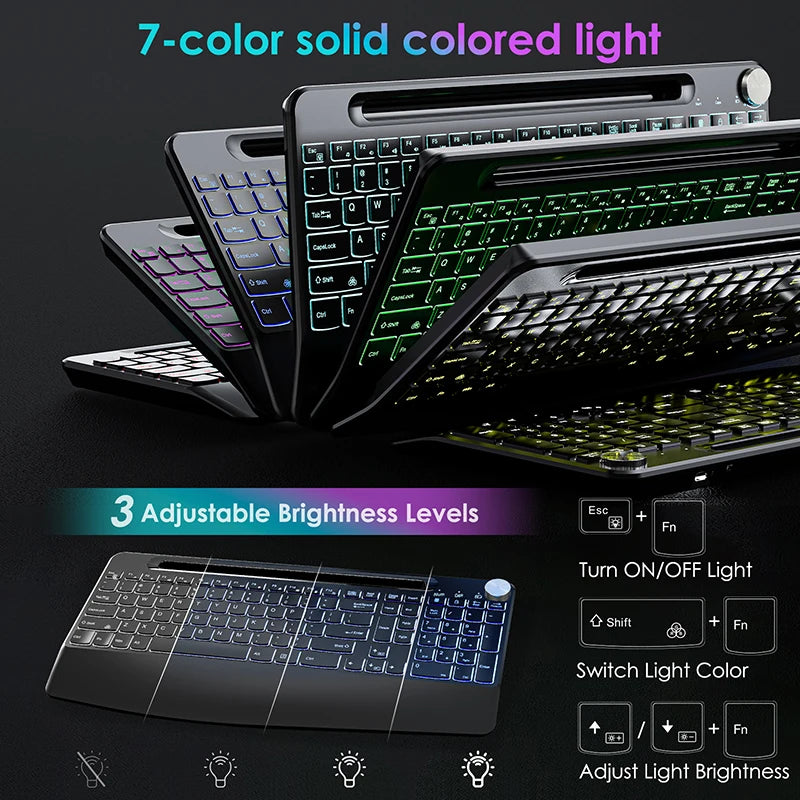 Ergonomic 2.4G Wireless Rechargeable Keyboard Mouse Set for Laptop With Color Backlit Phone Holder Wrist Rest and Jiggler Mouse